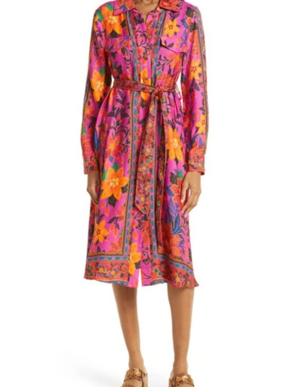 FARM Rio Tropical Tapestry Belted Midi Shirtdress XS Pink Floral